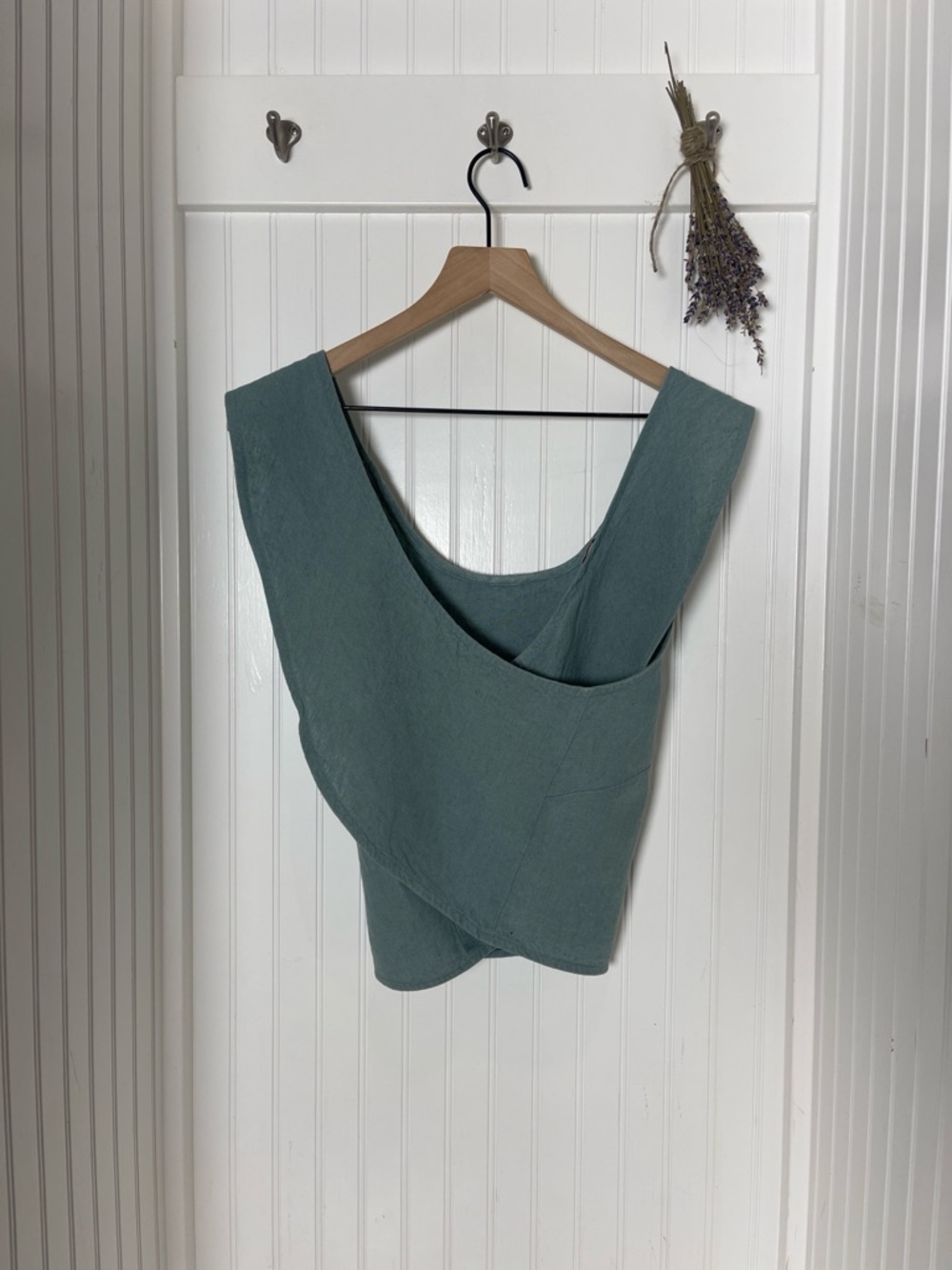 Menique Sleeveless Wrap-Front Top in Dusty Teal 100% linen